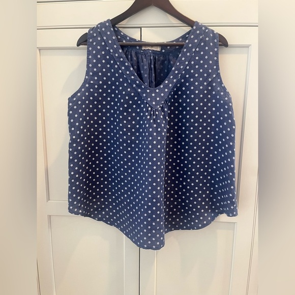 Lands Downunder Womens Blue Polka Dot Tank Top Sz. S/M 100% Linen Flowy V-Neck - Picture 1 of 8